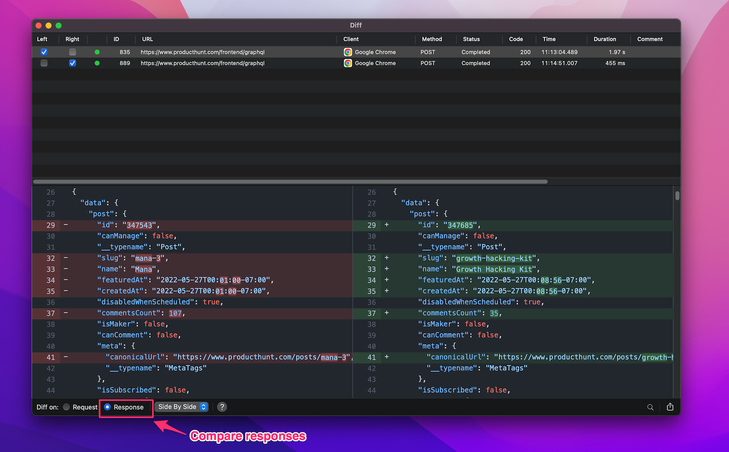 Compare 2 JSON responses with Proxyman