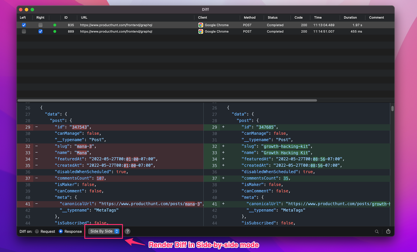 Render Diff in Side-by-side mode